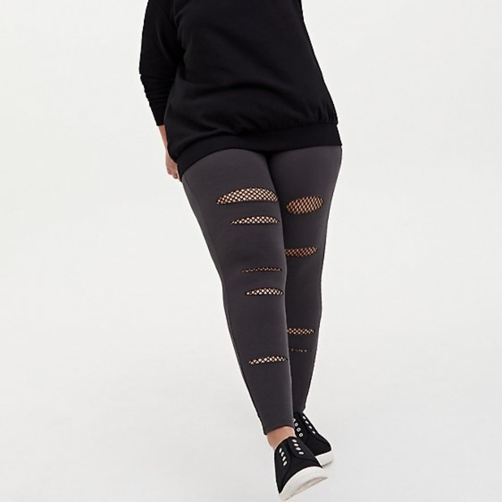 Torrid dark grey slashed fishnet underlay leggings